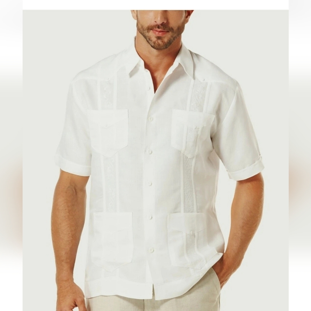 Cubavera Men's Short-Sleeve Embroidered Guayabera Shirt Beige Size M